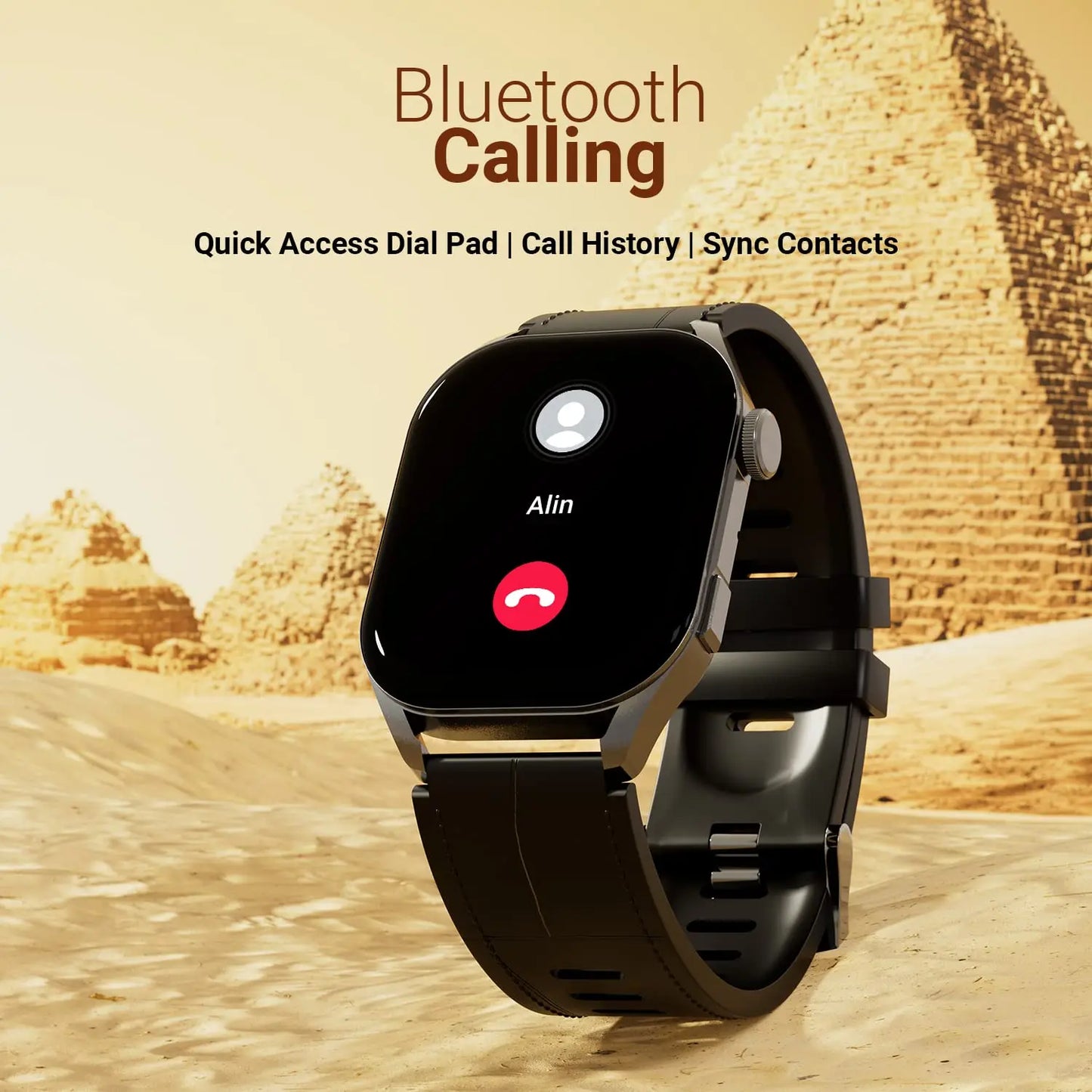 Black Bluetooth calling smartwatch with call screen, shown in front of pyramids on sand.