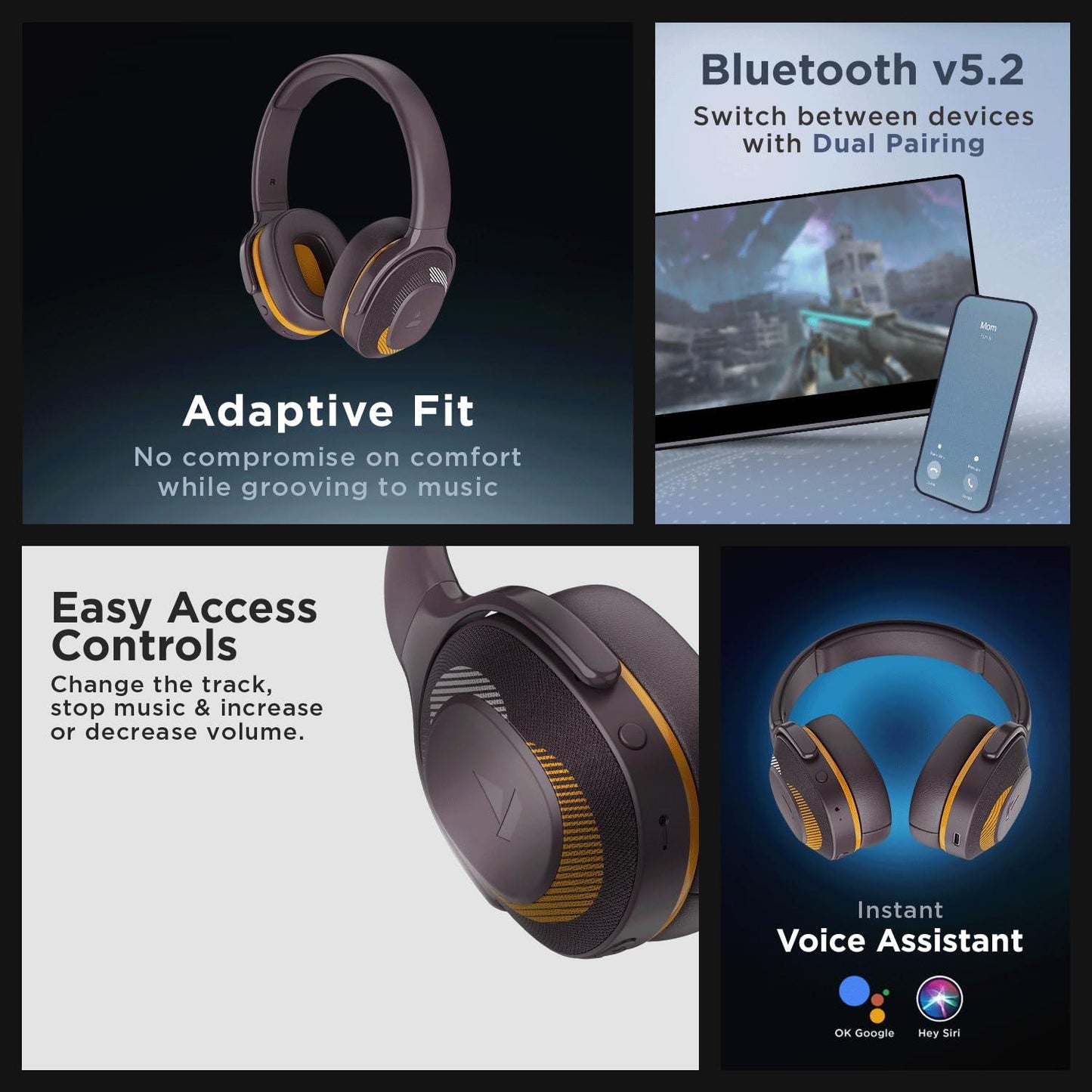 boAt Rockerz 425 Bluetooth Wireless Over Ear Headphones with Mic Signature Sound, Beast Mode for Gaming, Enx Tech, ASAP Charge, 25H Playtime, Bluetooth V5.2 (Active Black) - Nalanda Enterprises