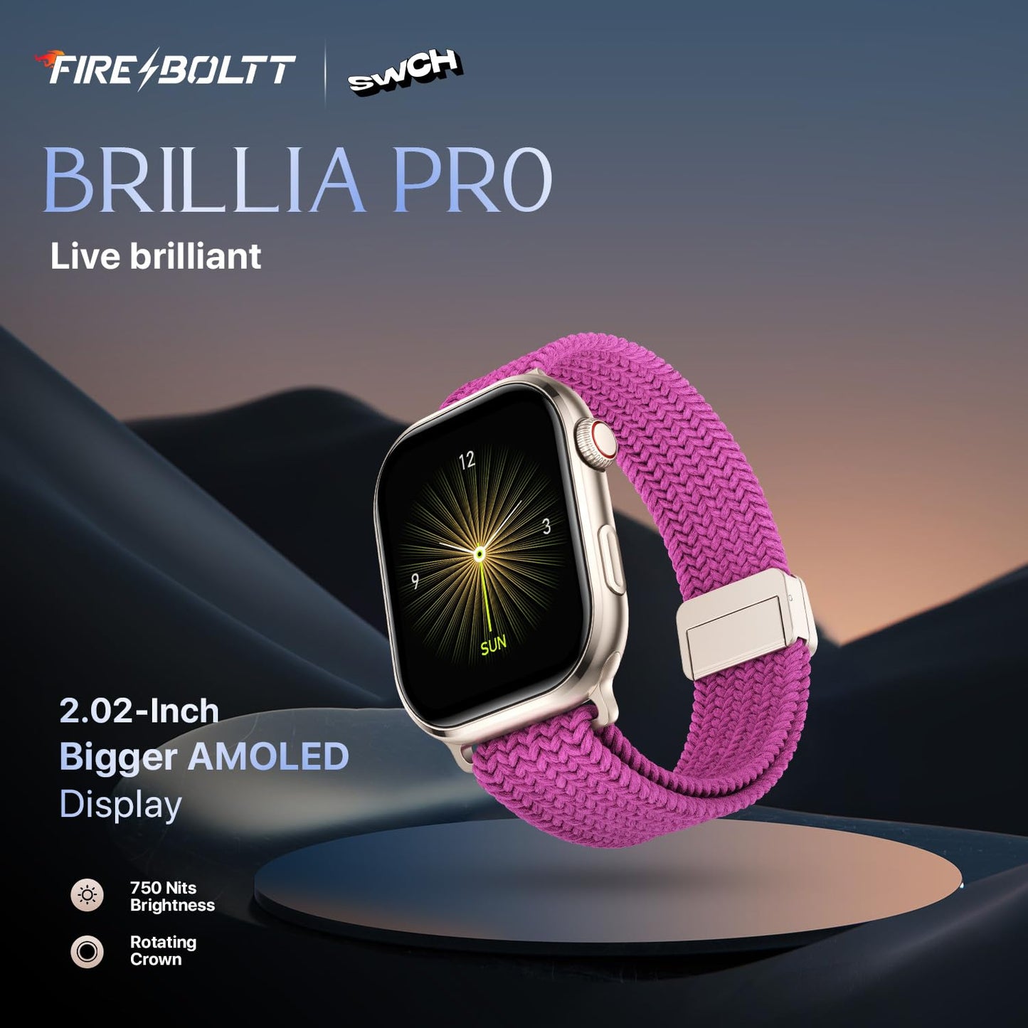 Fire-Boltt Brillia Pro Smart Watch with 51.3mm (2.02 inch) AMOLED Display, Bluetooth Calling, SpO2, Heart Rate Monitoring, 120+ Sports Modes, IP67 Waterproof, Long Battery Life (Black Wave)