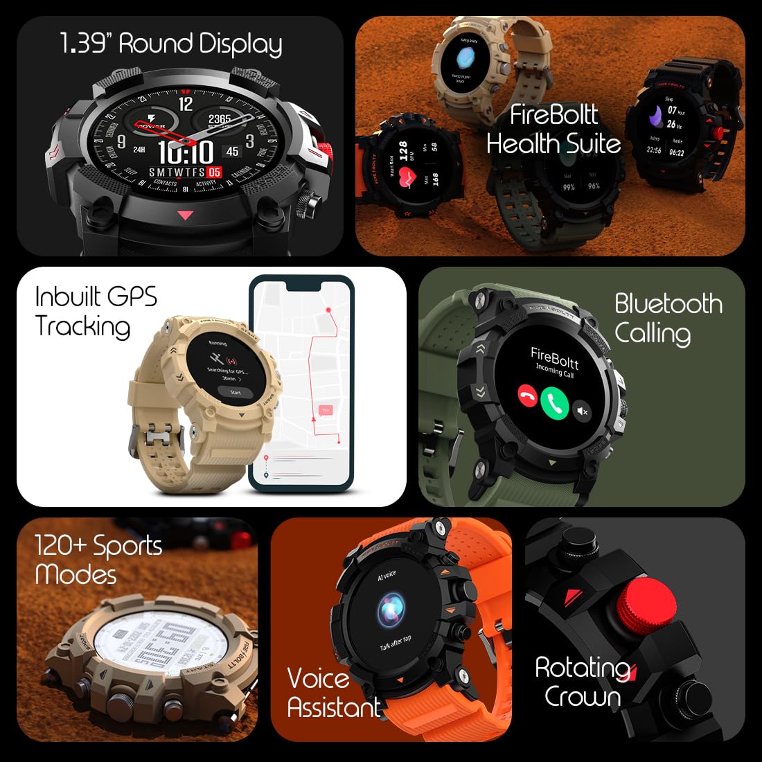 Fire-Boltt Expedition Smartwatch 1.39" Full Touch GPS Tracking Smart Watch Bluetooth Calling, 100+ Sports Modes, 360 * 360 Pixel High Resolution, Health Suite & Rugged Outdoor Built
