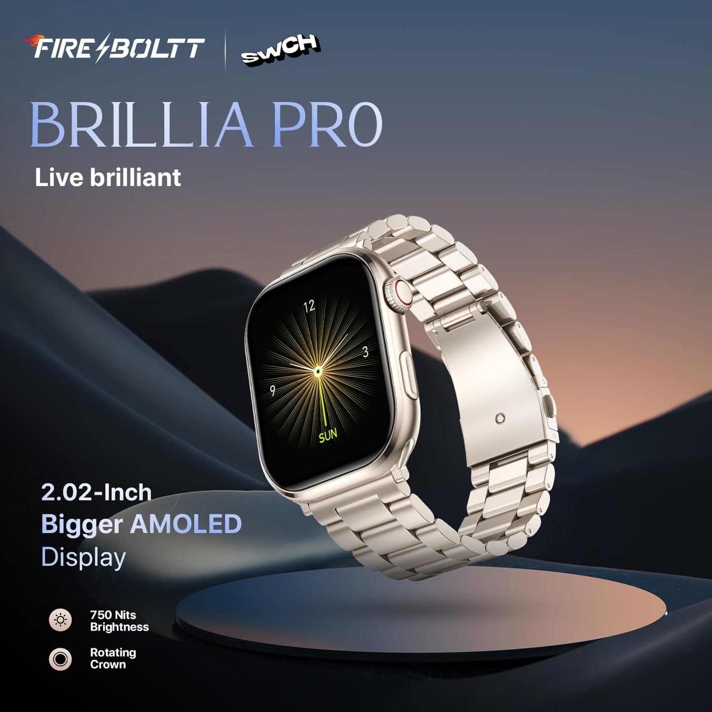 Fire-Boltt Brillia Smart Watch with 51.3mm (2.02 inch) AMOLED Display, Bluetooth Calling, SpO2, Heart Rate Monitoring, 120+ Sports Modes (Brillia, Black)