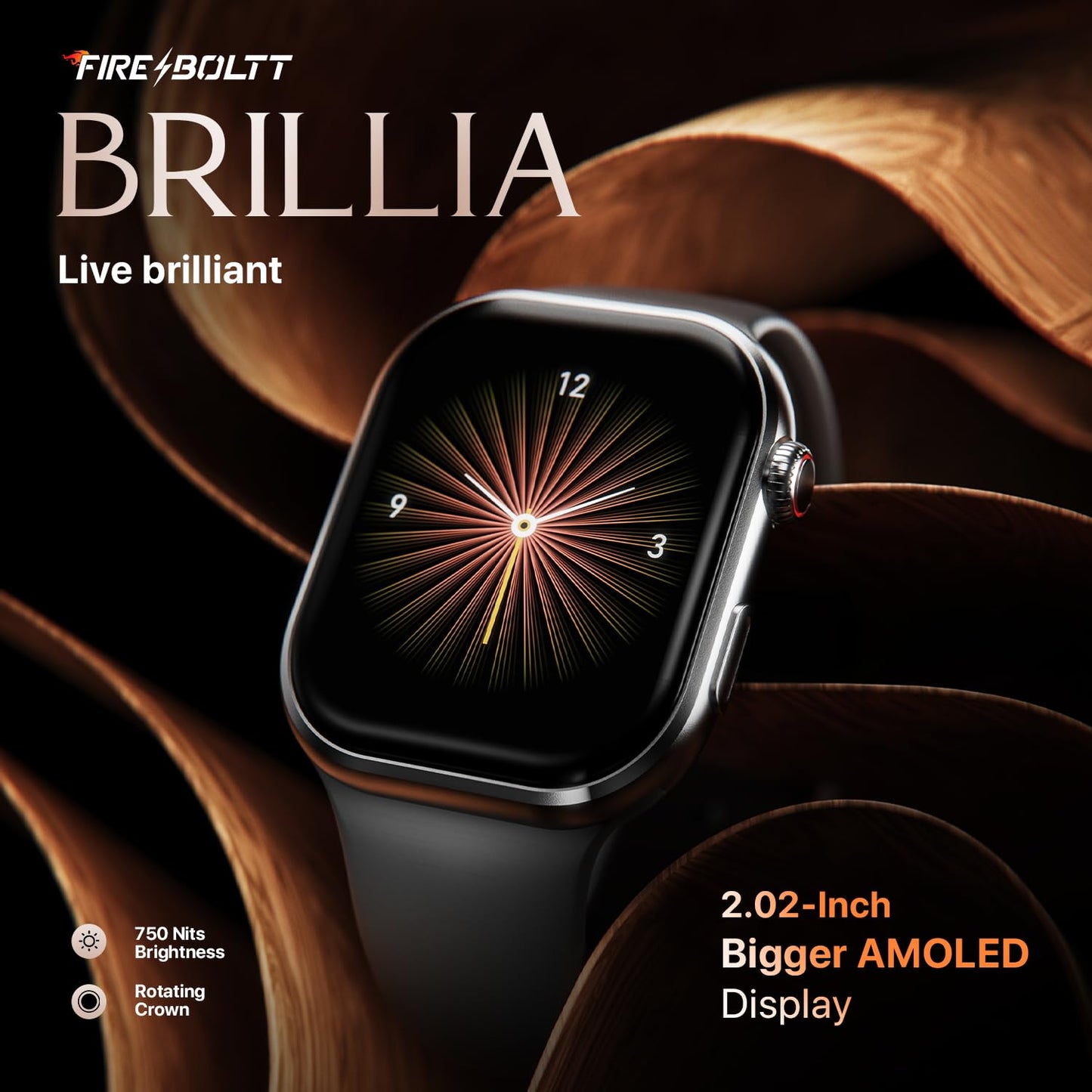 Fire-Boltt Brillia Smart Watch with 51.3mm (2.02 inch) AMOLED Display, Bluetooth Calling, SpO2, Heart Rate Monitoring, 120+ Sports Modes (Brillia, Black)