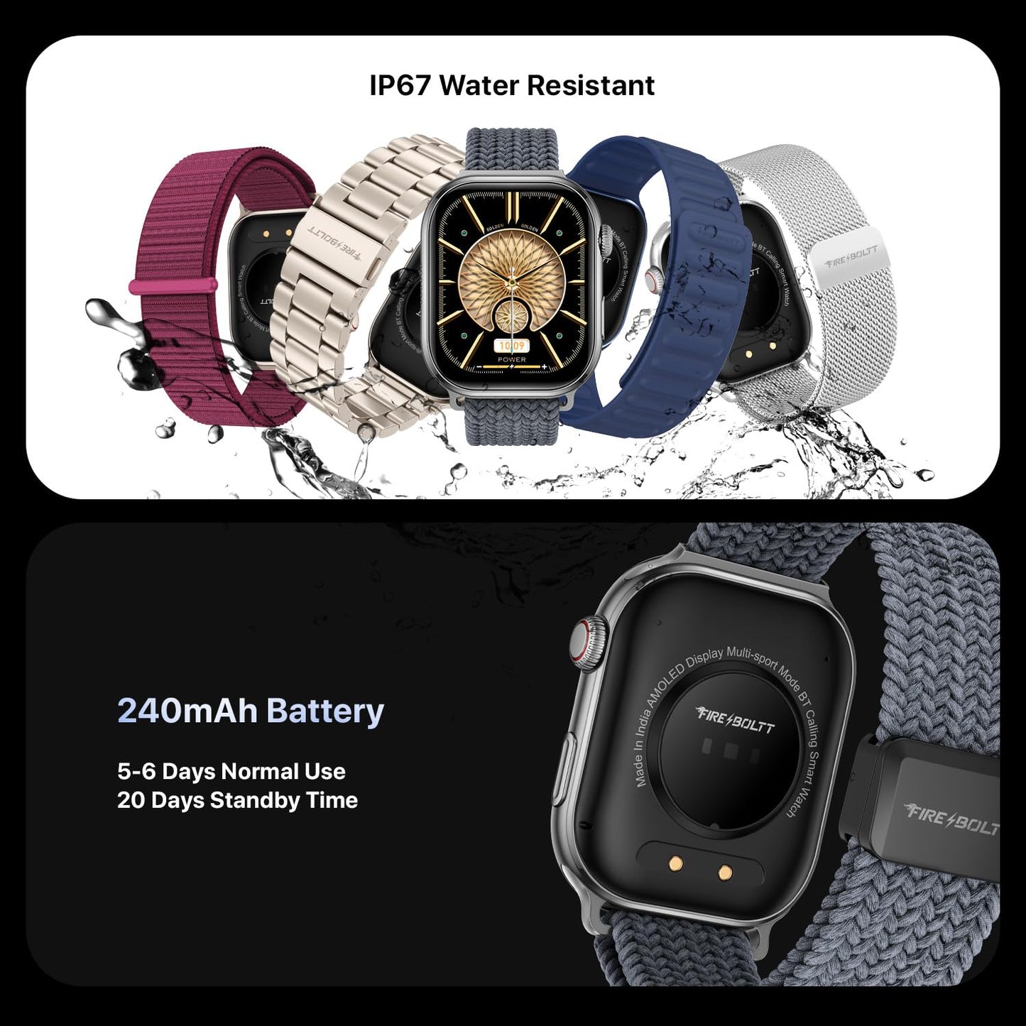 Fire-Boltt Brillia Pro Smart Watch with 51.3mm (2.02 inch) AMOLED Display, Bluetooth Calling, SpO2, Heart Rate Monitoring, 120+ Sports Modes, IP67 Waterproof, Long Battery Life (Black Wave)