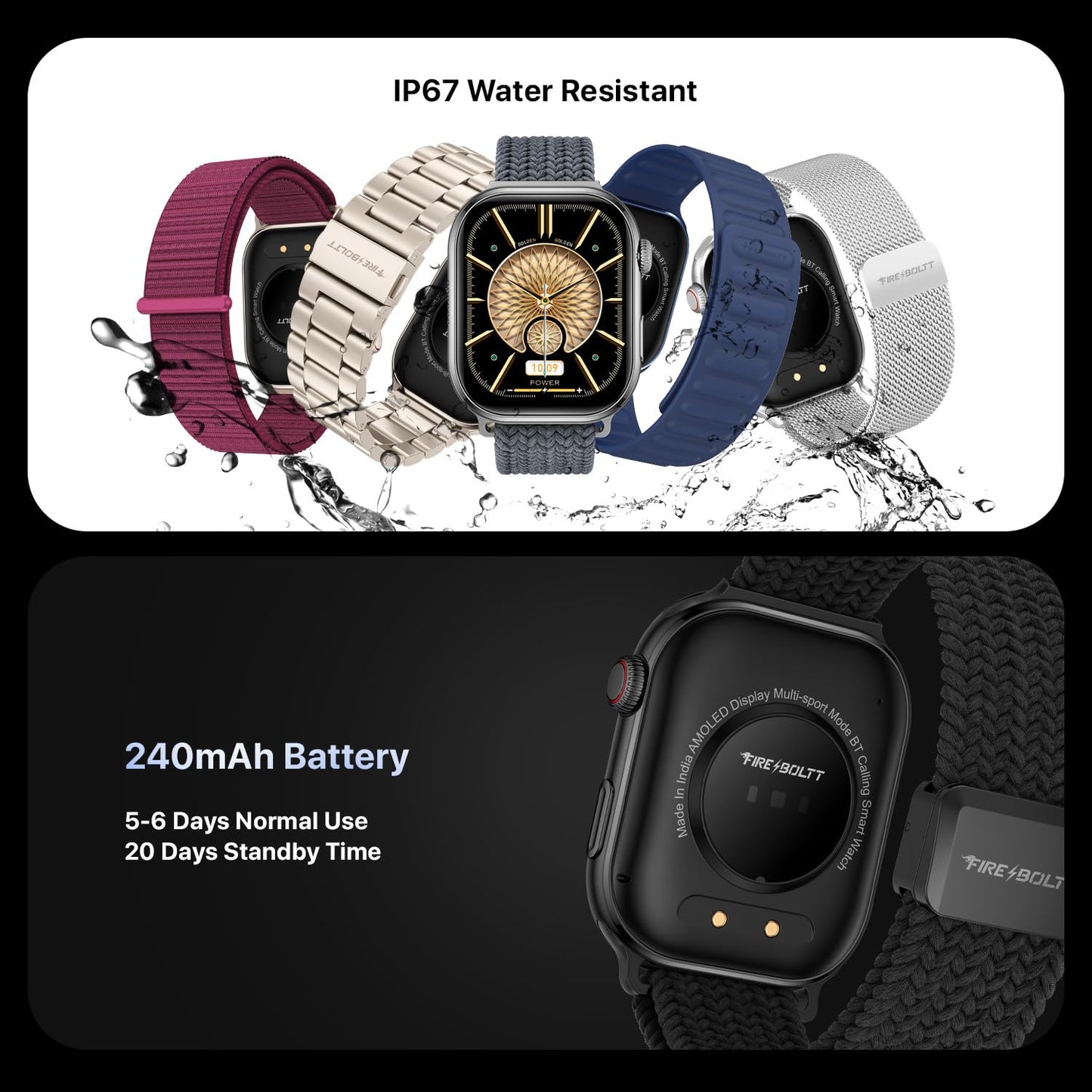 Fire-Boltt Brillia Pro Smart Watch with 51.3mm (2.02 inch) AMOLED Display, Bluetooth Calling, SpO2, Heart Rate Monitoring, 120+ Sports Modes, IP67 Waterproof, Long Battery Life (Black Wave)