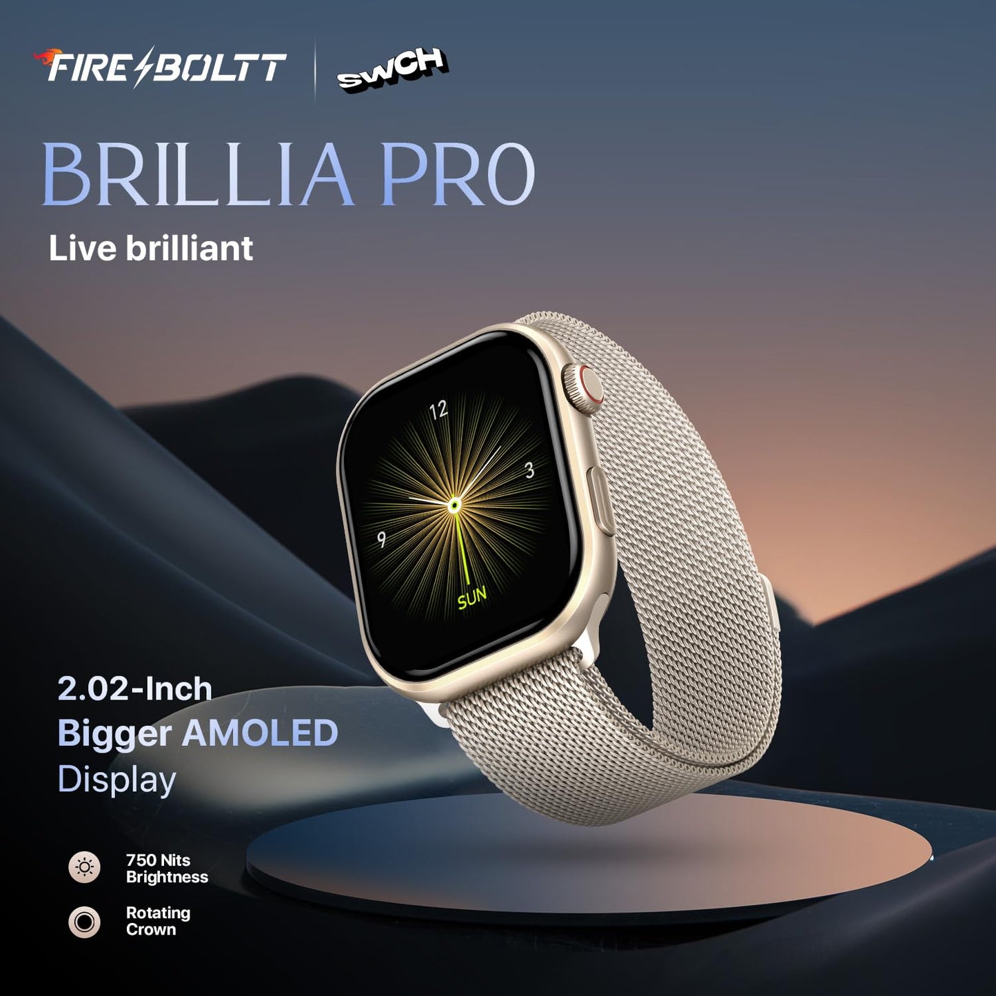 Fire-Boltt Brillia Pro Smart Watch with 51.3mm (2.02 inch) AMOLED Display, Bluetooth Calling, SpO2, Heart Rate Monitoring, 120+ Sports Modes, IP67 Waterproof, Long Battery Life (Black Wave)
