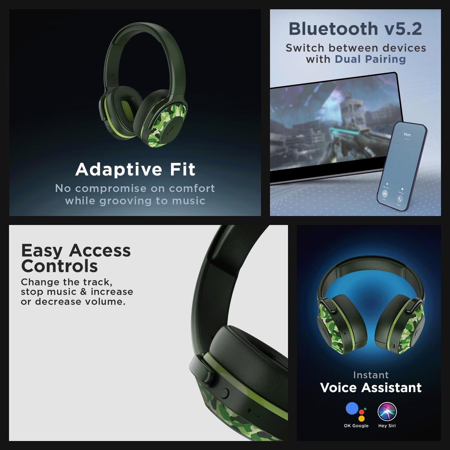 boAt Rockerz 425 Bluetooth Wireless Over Ear Headphones with Mic Signature Sound, Beast Mode for Gaming, Enx Tech, ASAP Charge, 25H Playtime, Bluetooth V5.2 (Active Black) - Nalanda Enterprises