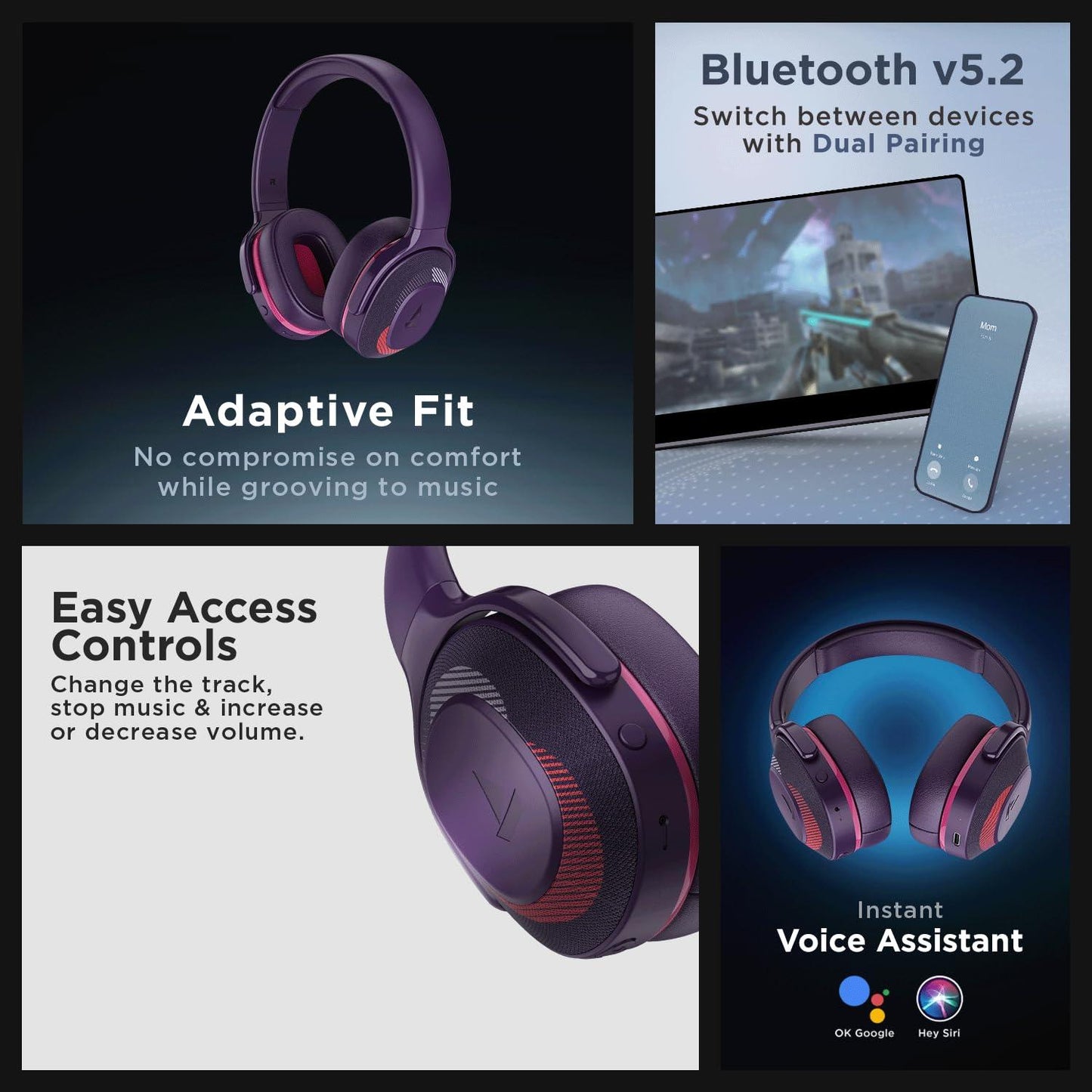 boAt Rockerz 425 Bluetooth Wireless Over Ear Headphones with Mic Signature Sound, Beast Mode for Gaming, Enx Tech, ASAP Charge, 25H Playtime, Bluetooth V5.2 (Active Black) - Nalanda Enterprises