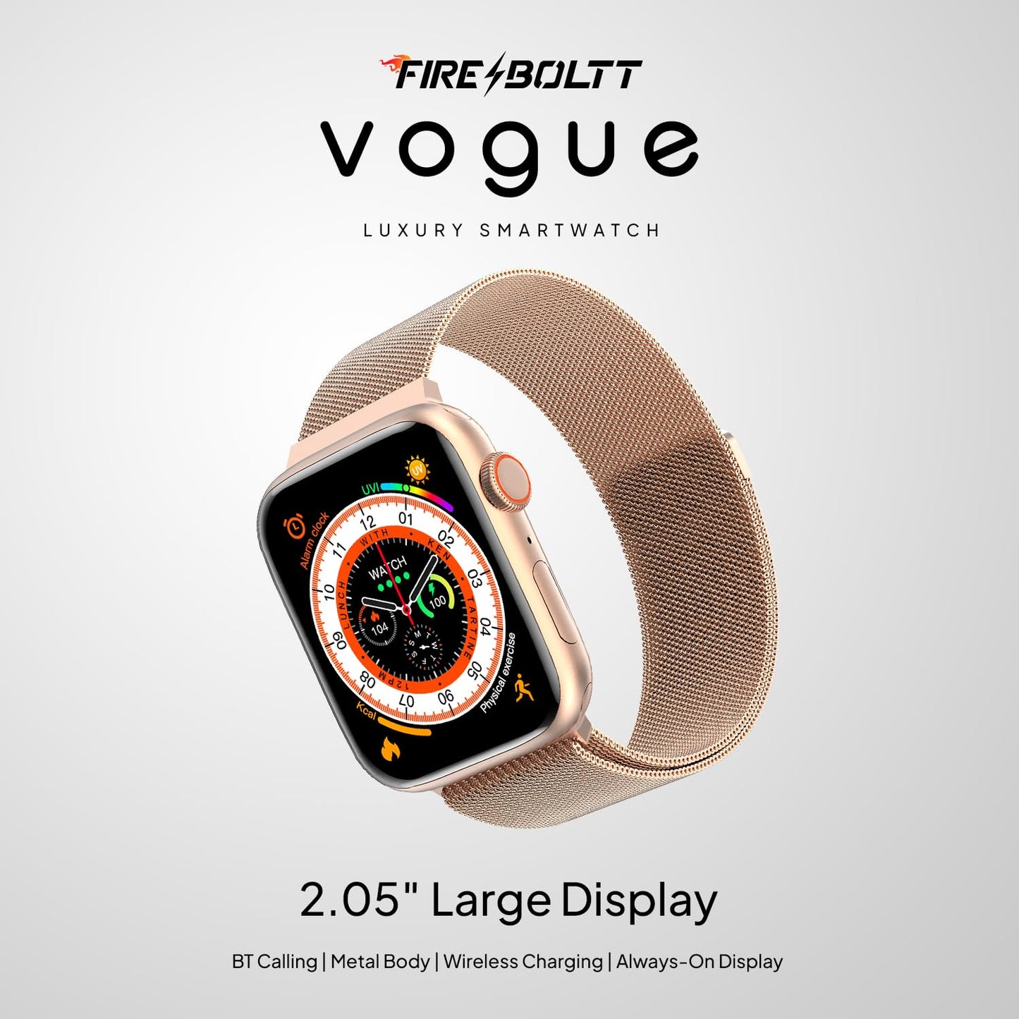 Boltt Newly Launched Vogue Large 2.05" Display Smart Watch, Always On Display, Wireless Charging, App Based GPS with Bluetooth Calling & 500+ Watch Faces (Loop Orange)