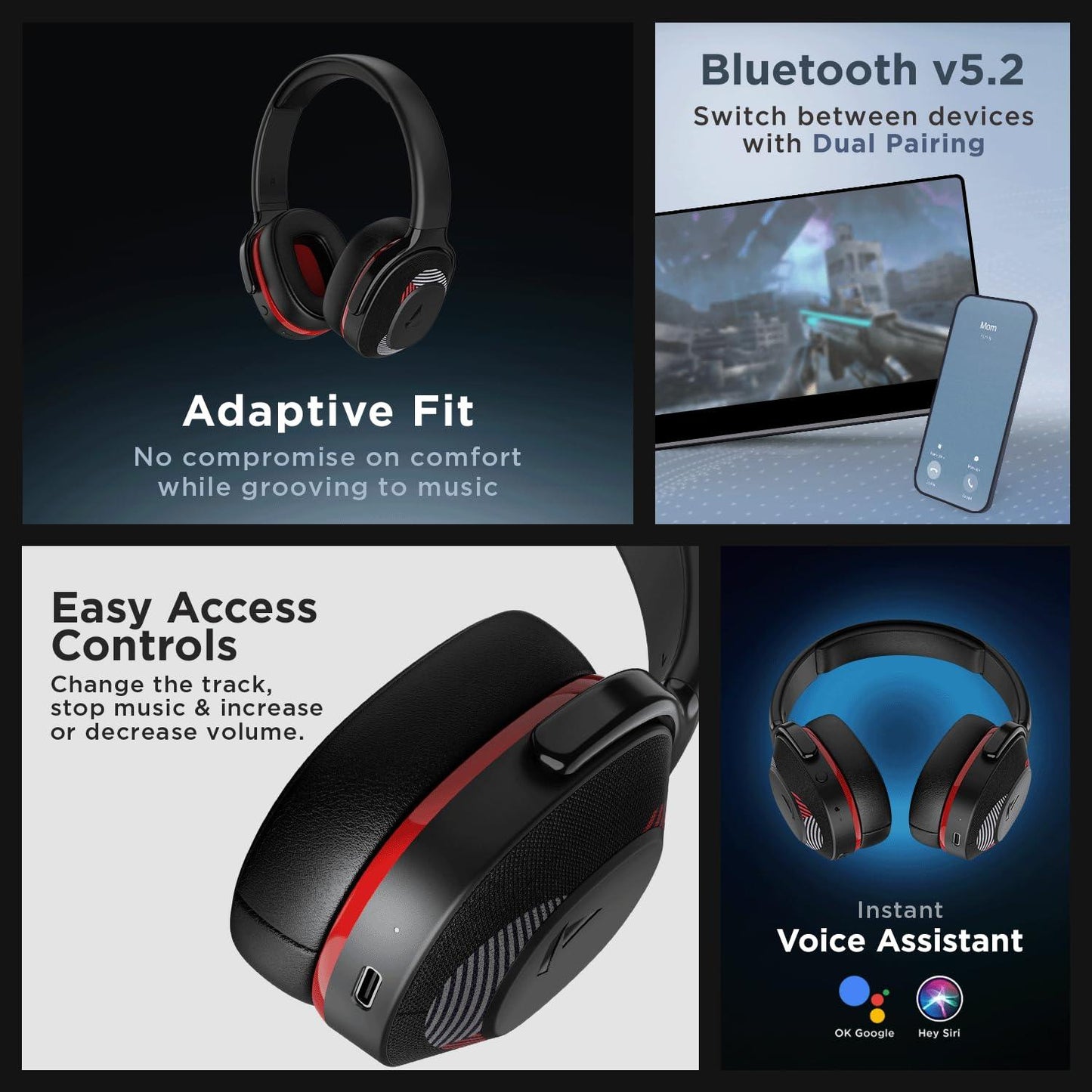 boAt Rockerz 425 Bluetooth Wireless Over Ear Headphones with Mic Signature Sound, Beast Mode for Gaming, Enx Tech, ASAP Charge, 25H Playtime, Bluetooth V5.2 (Active Black) - Nalanda Enterprises