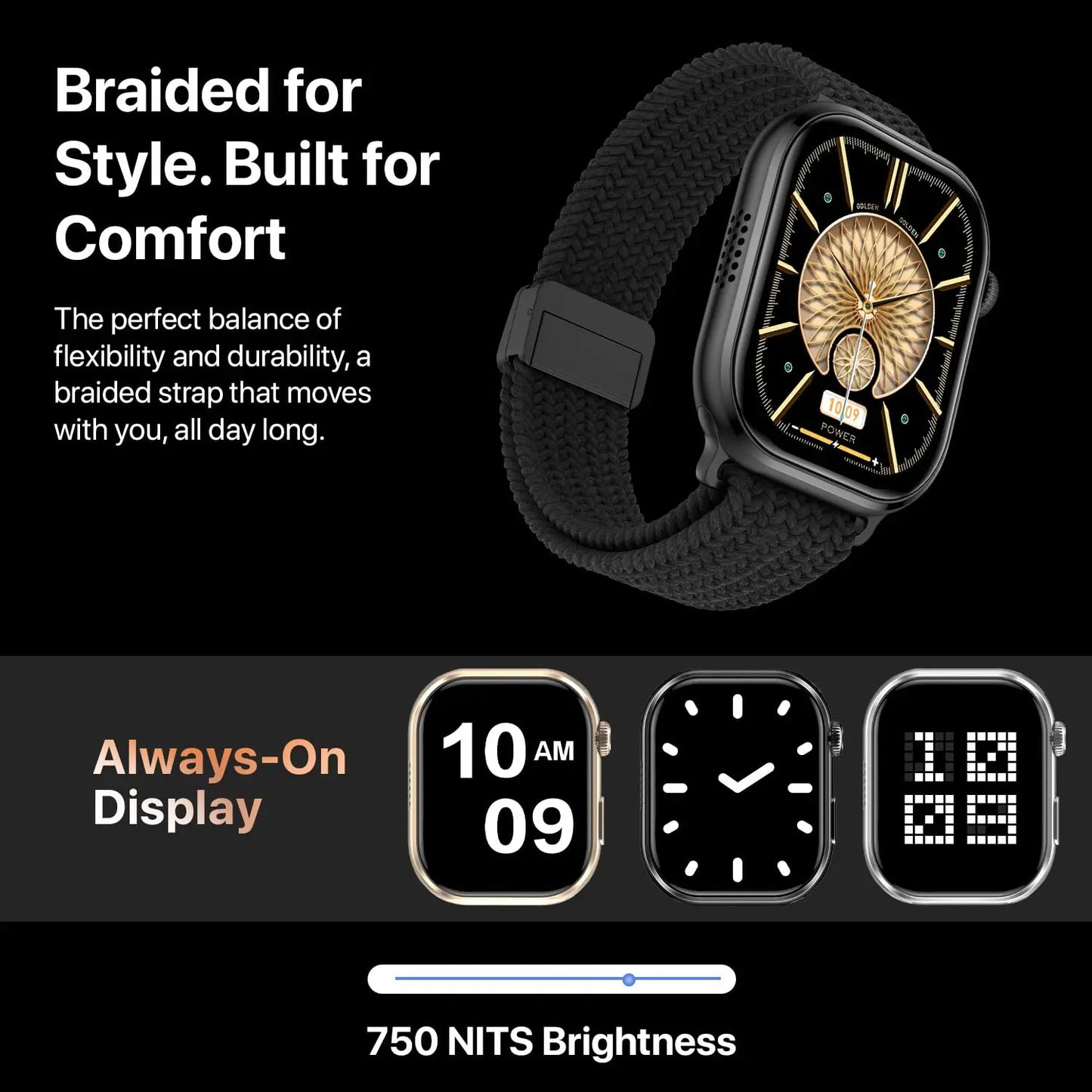 Smartwatch with black braided strap, always-on display, and 750 nits brightness from Nalanda Enterprises.