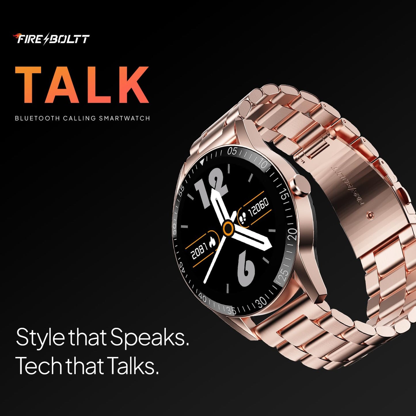 Fireboltt Talk Bluetooth calling smartwatch with rose gold metal strap and digital display on black background, Nalanda Enterprises.