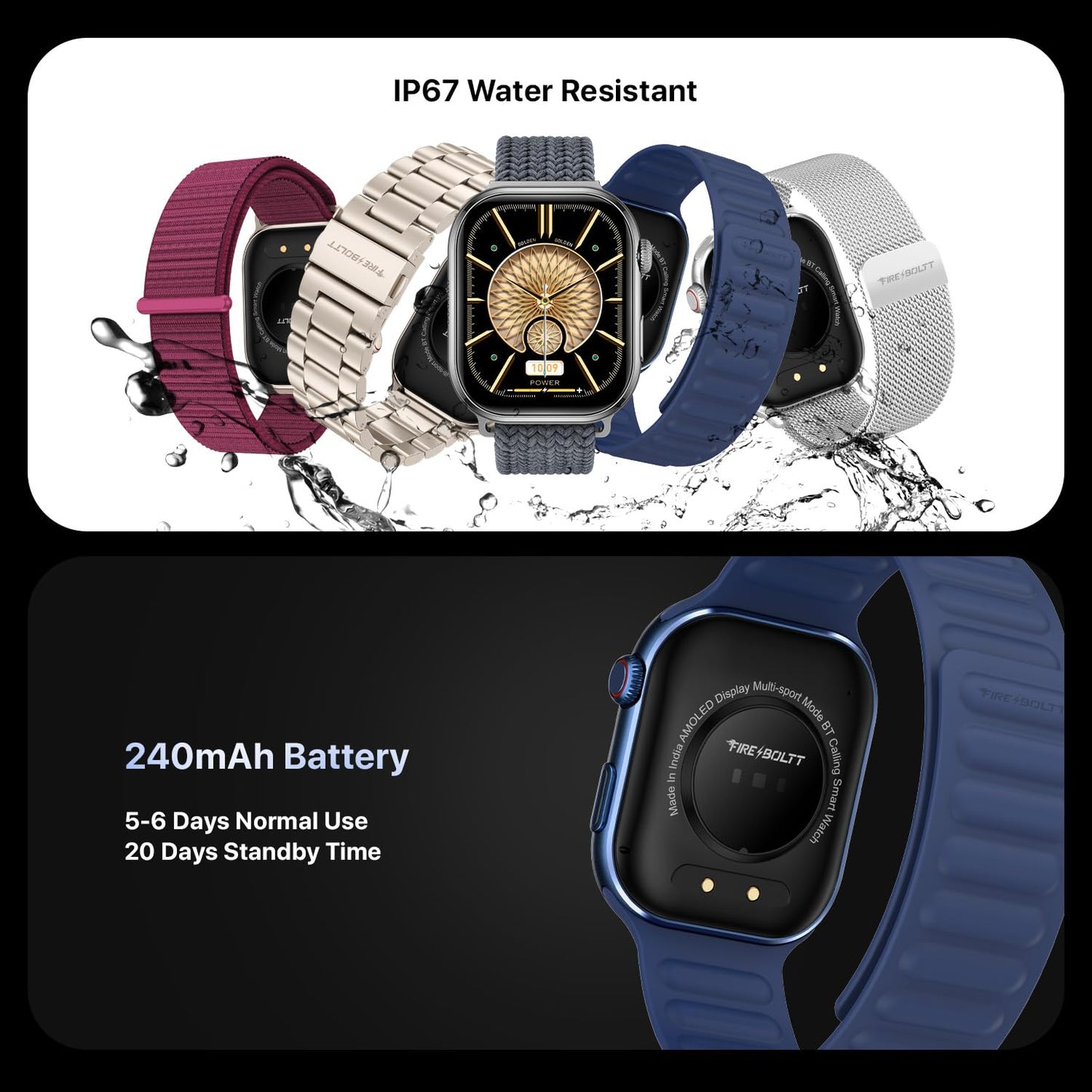 Fire-Boltt Brillia Pro Smart Watch with 51.3mm (2.02 inch) AMOLED Display, Bluetooth Calling, SpO2, Heart Rate Monitoring, 120+ Sports Modes, IP67 Waterproof, Long Battery Life (Black Wave)