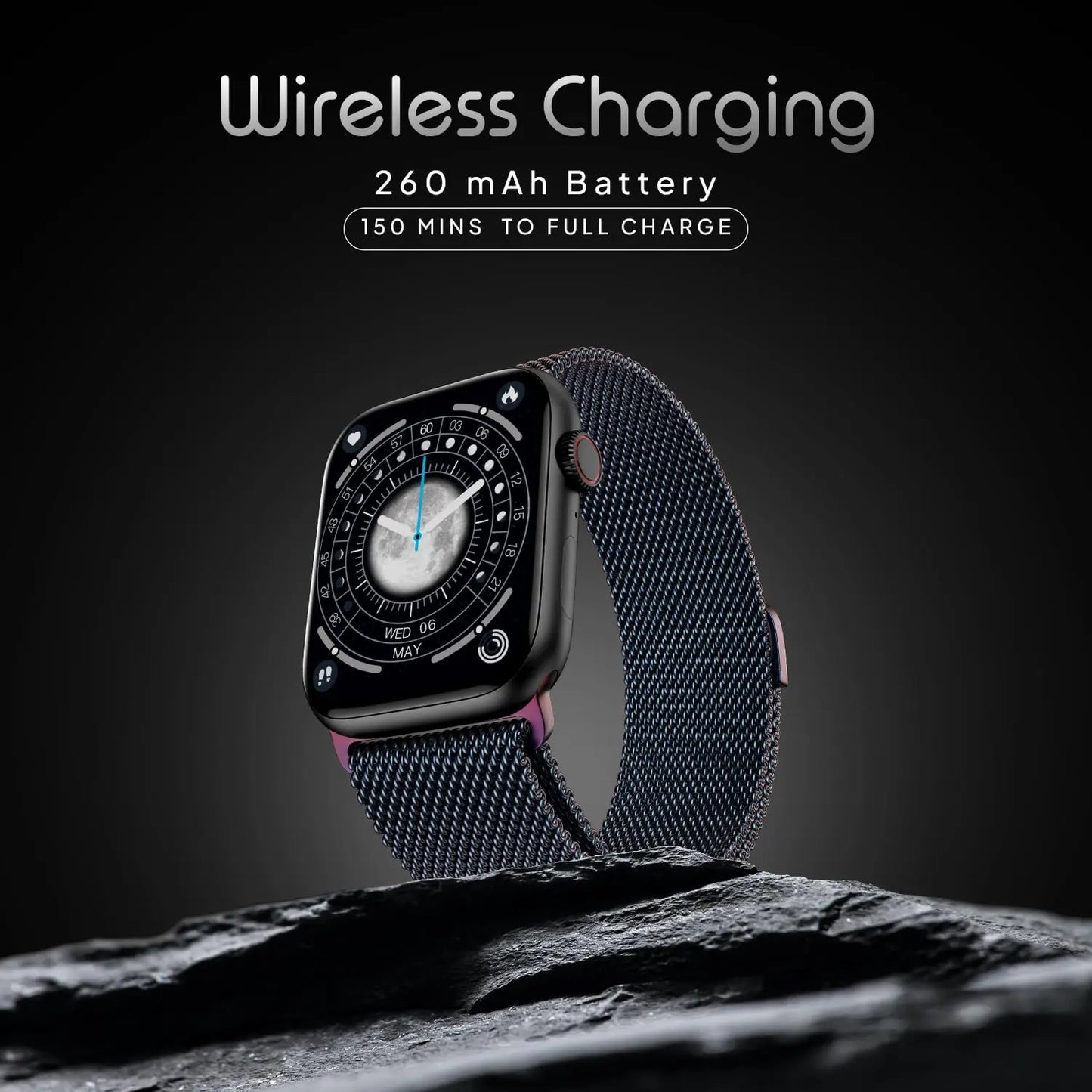Modern smart watch with mesh strap showcasing wireless charging, 260mAh battery, 150 mins to full charge, on a dark background. Corporate gifting with Nalanda Enterprises India.