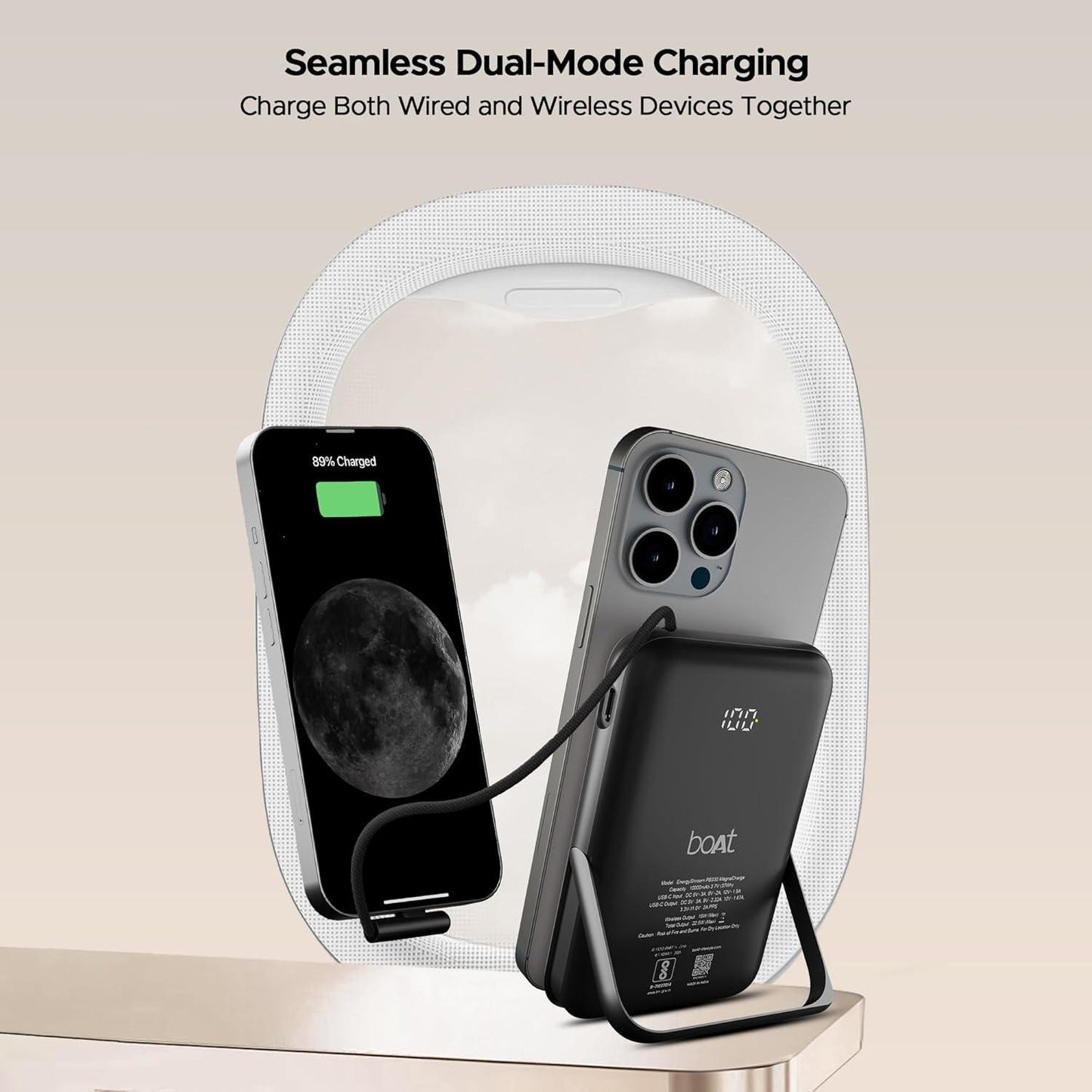 boAt Energyshroom PB330 MagnaCharge 10000 mAh Magnetic Wireless Power Bank w/ 15W Wireless Charging, Metal Stand,Magnacharge Ring for iPhone and Android Phones w/Wireless Charge(Black) - Nalanda Enterprises