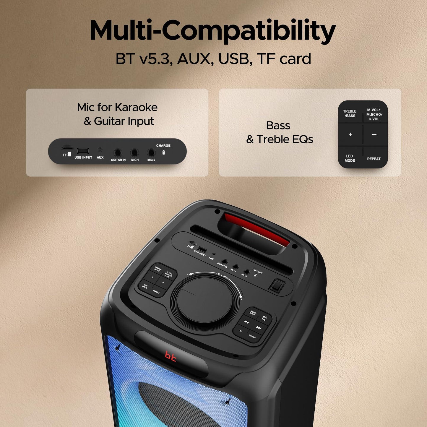 boAt Partypal 390/400 Speaker with 160 W Signature Sound, Up to 6 hrs Playtime, EQ Modes, 2 Mics for Karaoke, TWS Mode, Bluetooth v5.3, AUX Port, & USB Type-C Port(Space Black) - Nalanda Enterprises