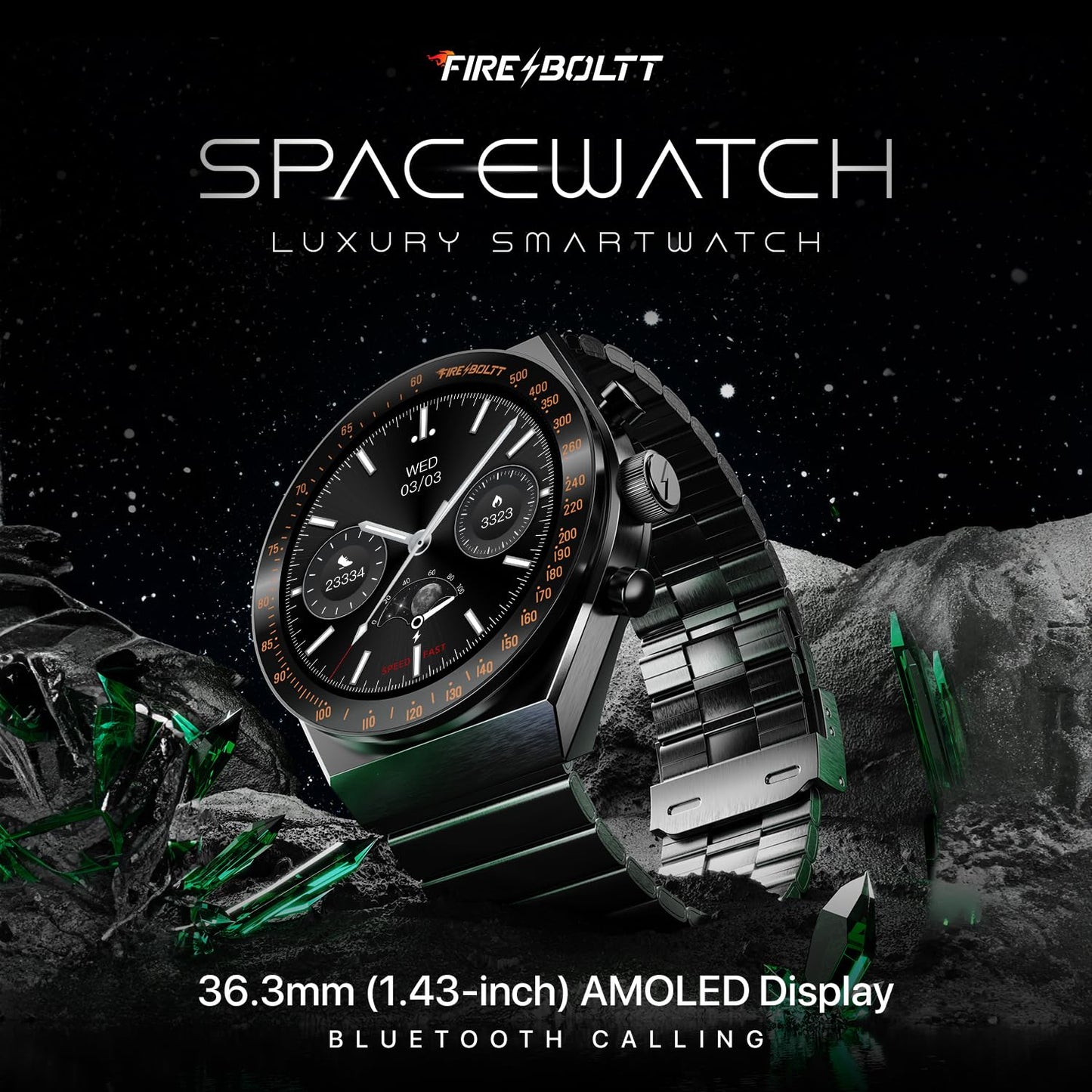 Fire-Boltt Spacewatch 36.3mm (1.43 inch) AMOLED Display, Wireless Charging, Metallic Frame, Stainless Steel Luxury Straps, Complete Health Suite, Bluetooth Calling, Sports Modes