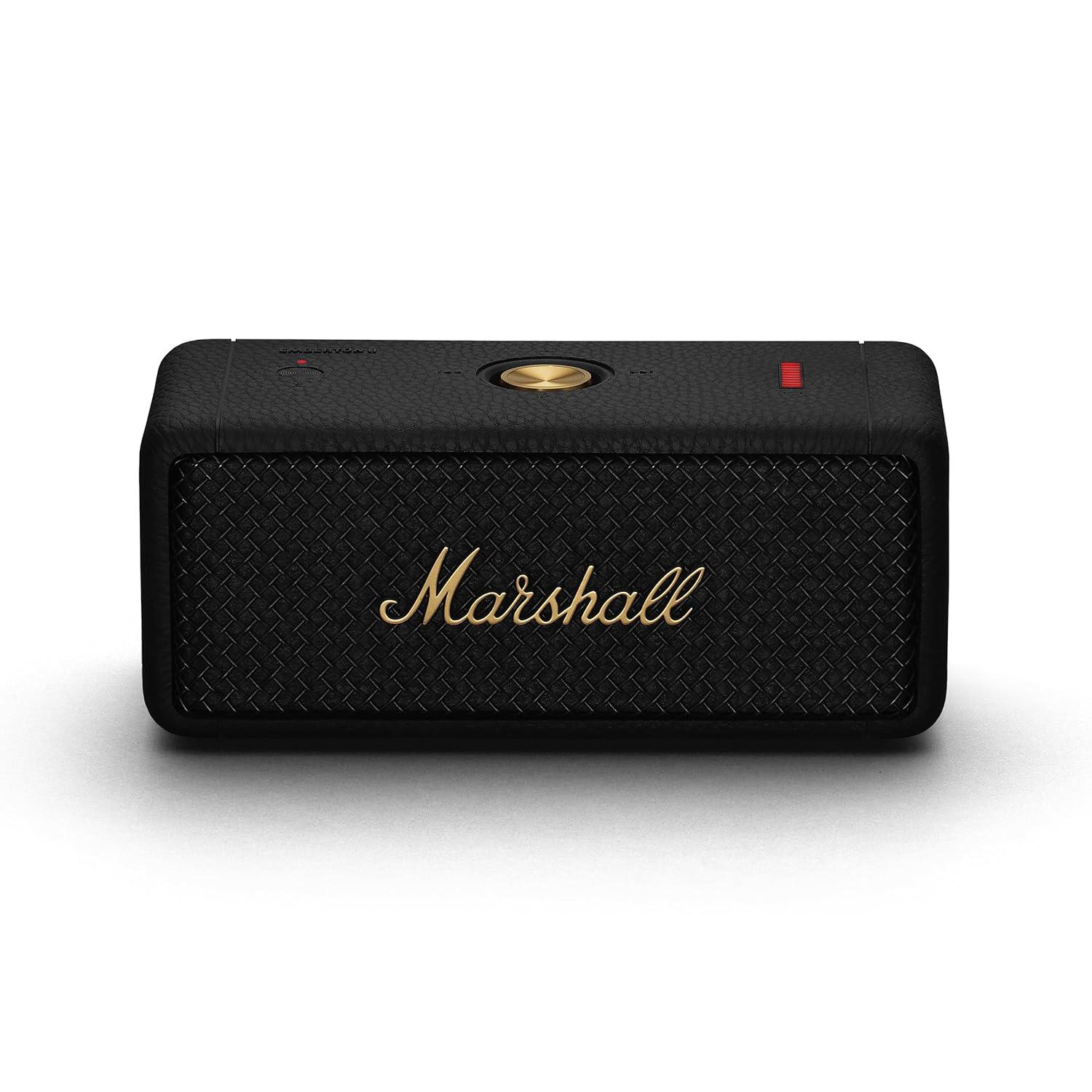 Marshall Emberton II Compact Portable Bluetooth Speaker with 30+ Hours of Playtime, (360° Sound), Dust & Waterproof (IP67) Black & Brass. - Nalanda Enterprises