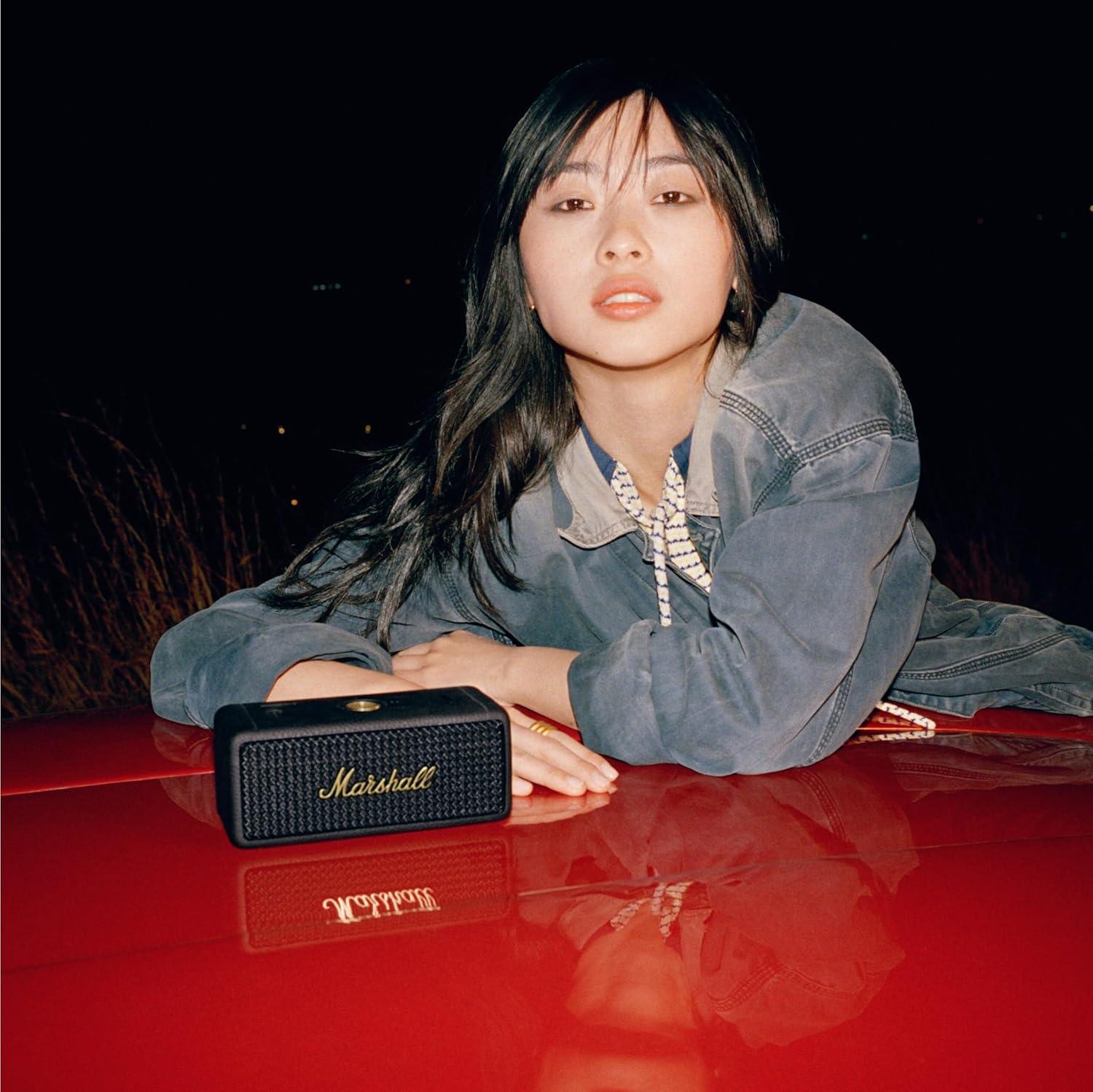 Marshall Emberton II Compact Portable Bluetooth Speaker with 30+ Hours of Playtime, (360° Sound), Dust & Waterproof (IP67) Black & Brass. - Nalanda Enterprises