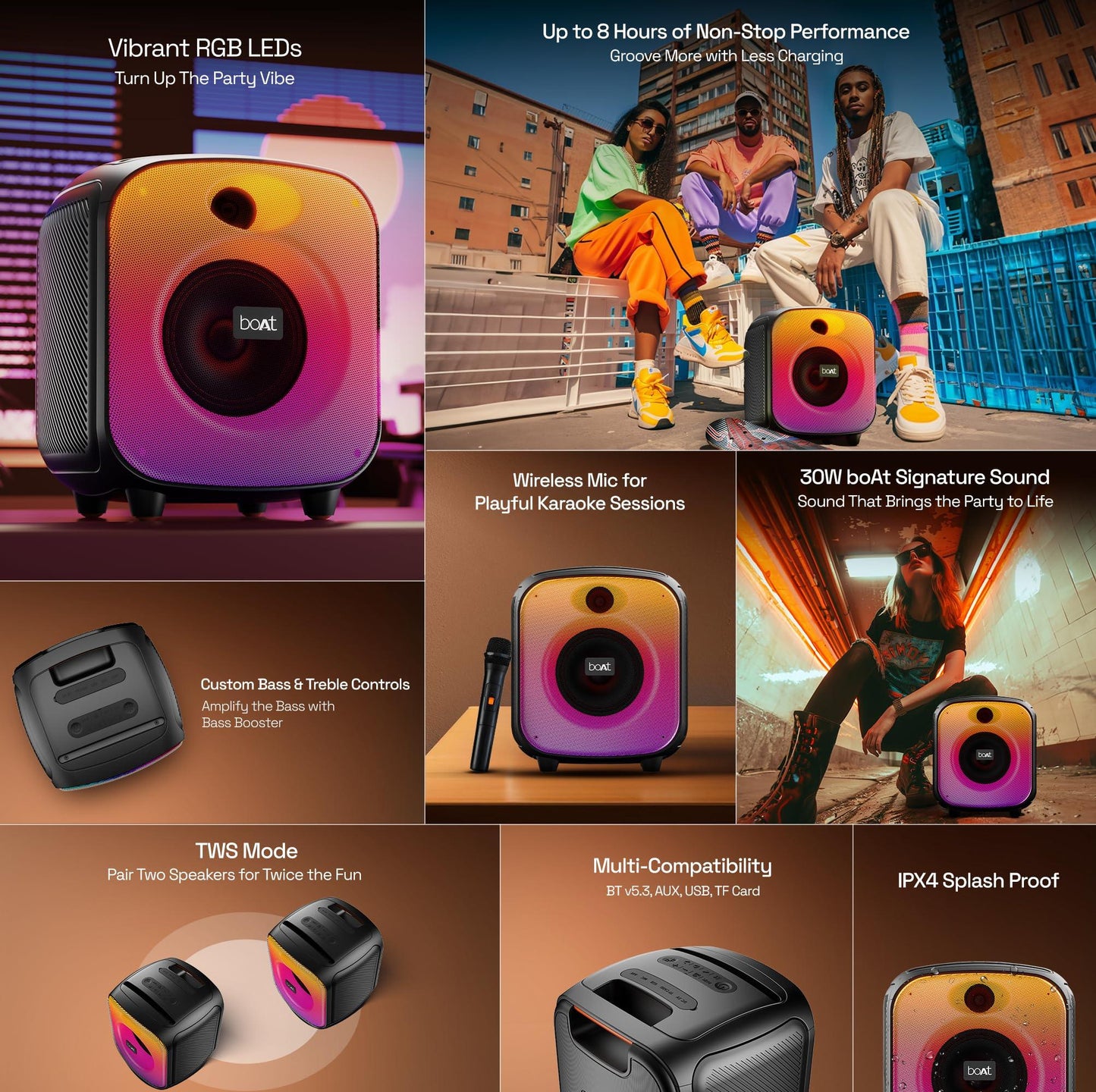 boAt PartyPal 63 Pro Bluetooth Speaker with 30 W Signature Sound, Customizable RGB LEDs, Wireless Mic, Upto 8 hrs Playback, BTv5.3, TWS Mode, Bass Boost, AUX & Port(Midnight Black) - Nalanda Enterprises