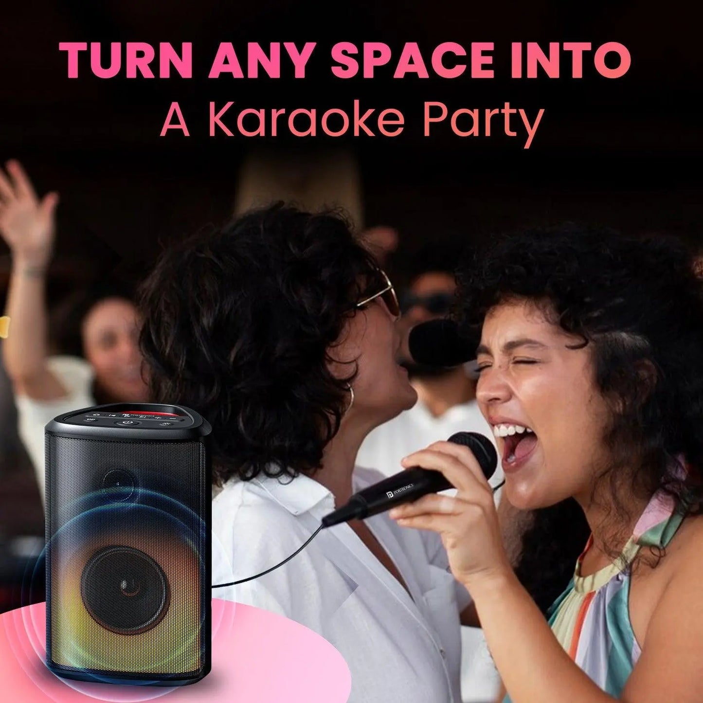 Portronics Dash 8 60W Bluetooth Party Speaker with Bass Boost Technology, Upto 6 Hours Playtime, Wired Karaoke Mic, TWS Mode, USB, AUX in, BT 5.3v, Full Screen LED Effect, Type C Charging(Black) - Nalanda Enterprises