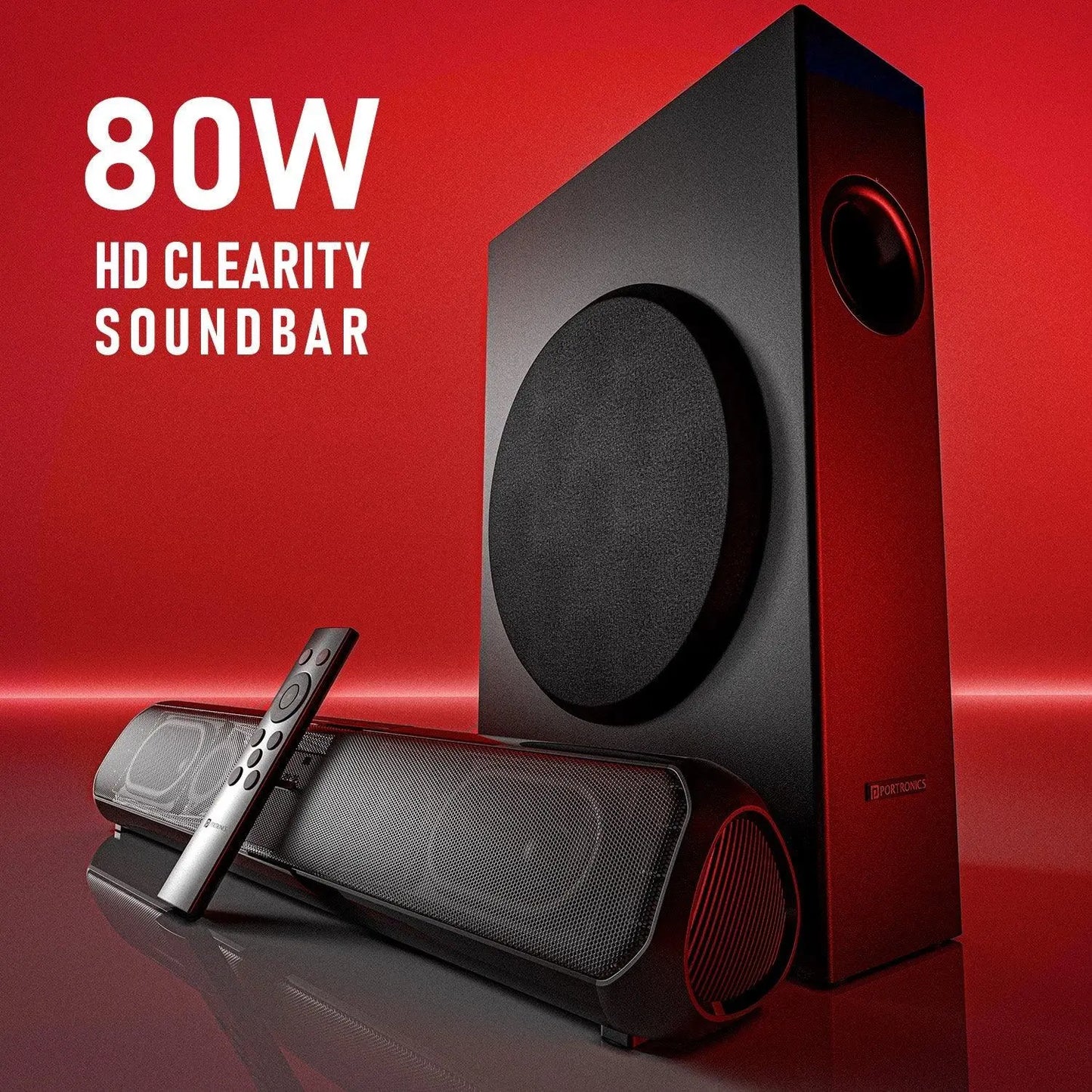 Portronics Pure Sound Pro X 80W Bluetooth Soundbar with Wired Subwoofer for Deep Bass, 2.1 Channel Home Theatre, HD Sound,3EQ Modes, BT 5.3V,HDMI,AUX in,USB Port,Sleek Design & Remote Control - Nalanda Enterprises