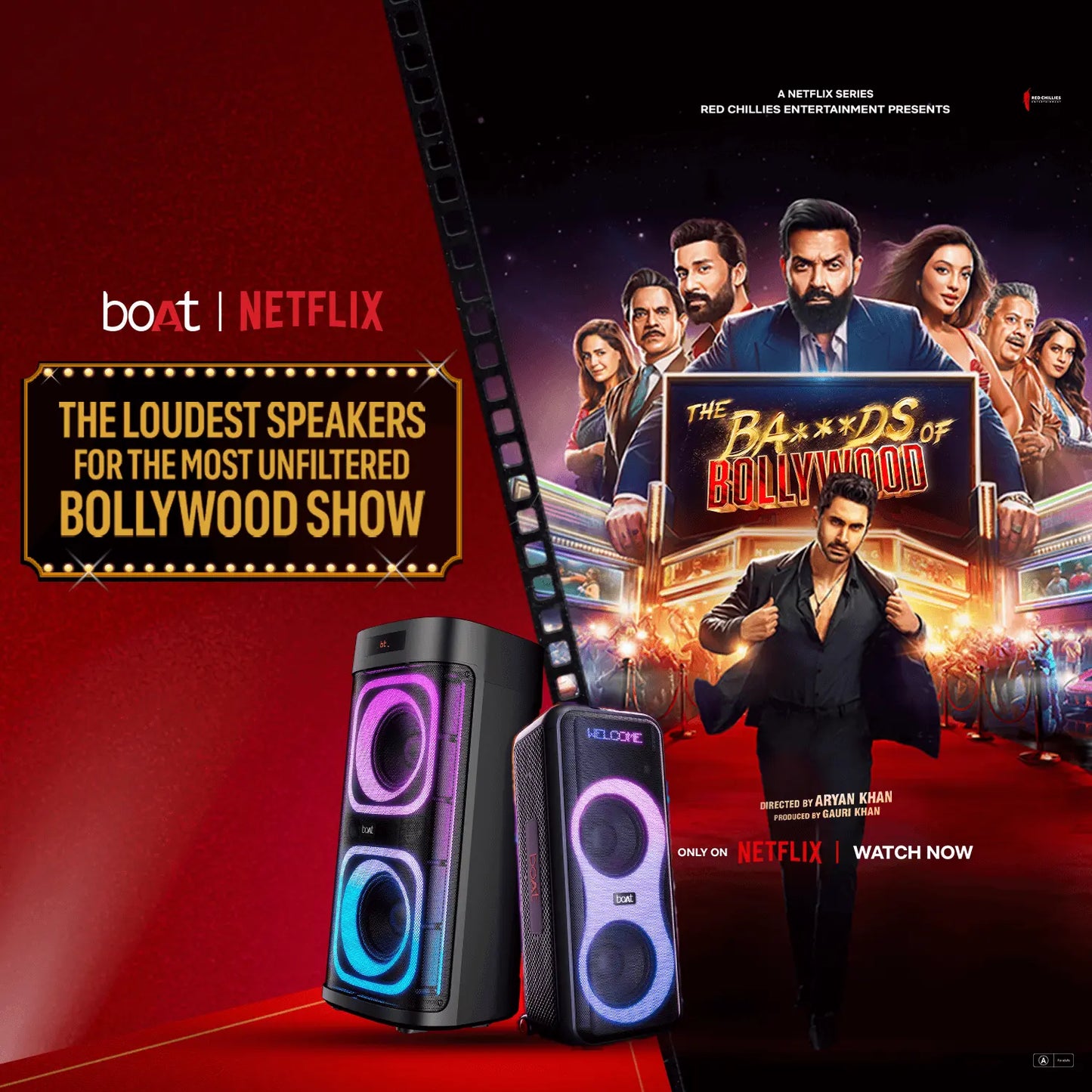 Boat Bluetooth speakers with LED lights, Bollywood show poster, Netflix collaboration, Nalanda Enterprises corporate gifting.
