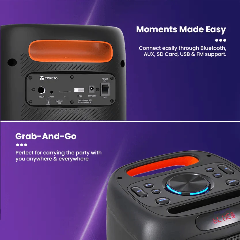 Toreto Party Box 60W Wireless Portable Party Speaker with Bluetooth 5.+EDR | RGB Dynamic Running Light Support TWS/USB/TF Card/AUX Input/Wireless Mic with Recording Feature & Remote - Nalanda Enterprises