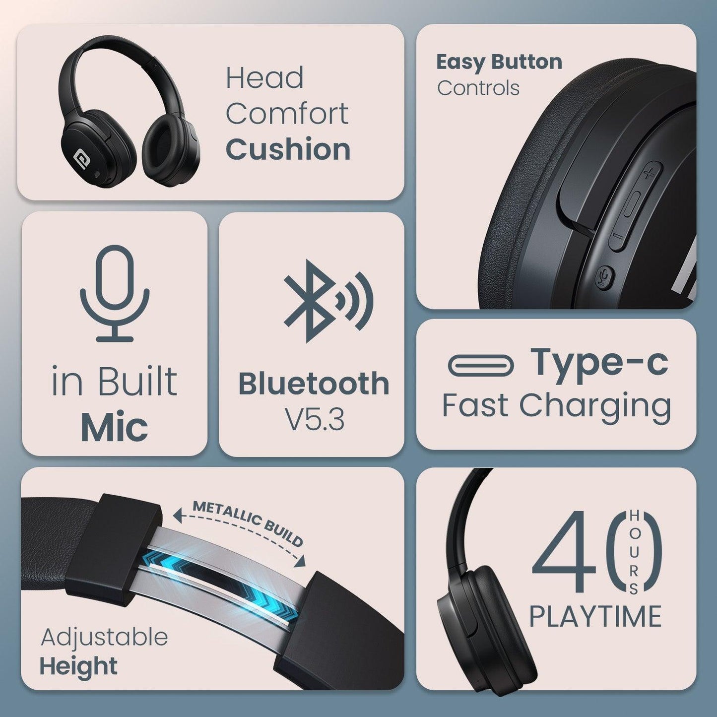 Portronics Muffs M4 Over Ear Bluetooth Headphone with Upto 40 Hours Playtime, Powerful Bass, 40mm Dynamic Driver, BT 5.3V, in-Built Mic, Adjustable Height, Head Cushion, Type C Fast Charging - Nalanda Enterprises