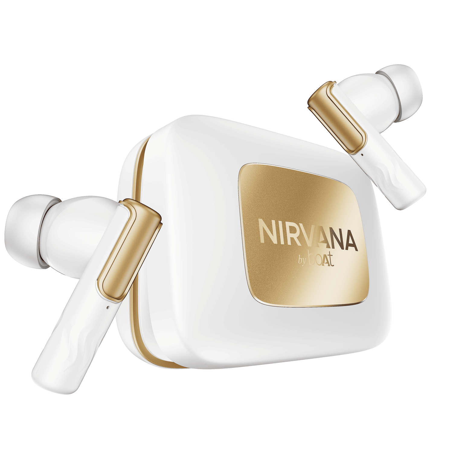 White and gold boAt Nirvana wireless earbuds with charging case, corporate gifting India