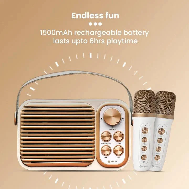 Toreto Retromini Wireless Bluetooth Speaker 14watt with Dual Wireless Karaoke Mic | Fast Charging | Voice Changing Feature | Deep Bass I USB I TWS I Aux I Outdoor Speaker | Carrying Strap - Nalanda Enterprises