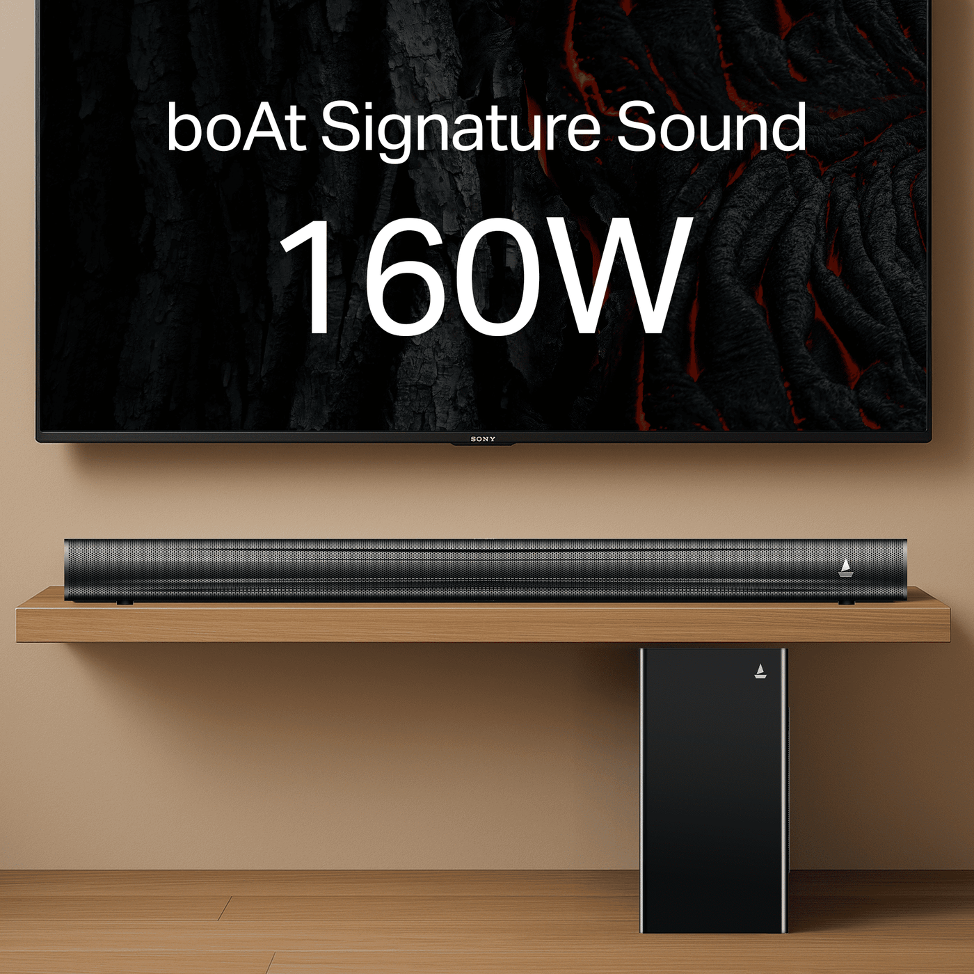 boAt 160W soundbar and subwoofer on wooden shelf, boAt Signature Sound, Nalanda Enterprises