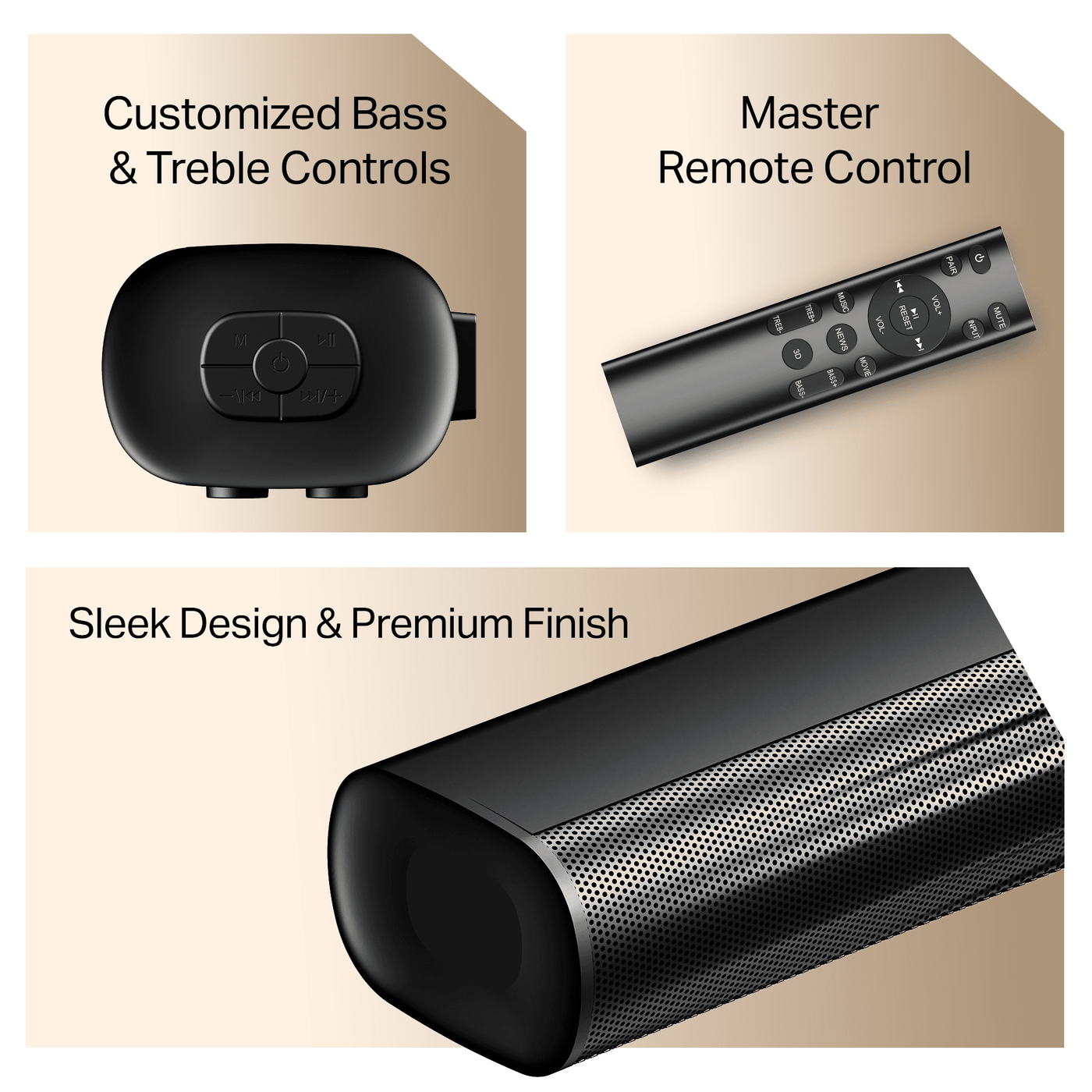 Soundbar with wired subwoofer, remote control, and sleek black design at Nalanda Enterprises.