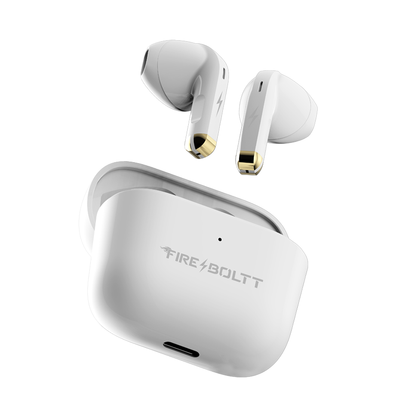 Fire-Boltt white wireless earbuds with charging case branded for Nalanda Enterprises