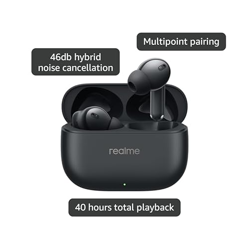 realme Buds T310 True Wireless in-Ear Earbuds with 46dB Hybrid ANC, 360° Spatial Audio, 12.4mm Dynamic Bass Driver, Upto 40Hrs Battery and Fast Charging (Vibrant Black)|B0DBGP48NW