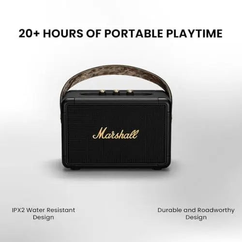 Marshall Kilburn II Portable Bluetooth Speaker with 20+ Hours of Portable Playtime, (360° Sound), Water-Resistant (IPX2) Black & Brass. - Nalanda Enterprises