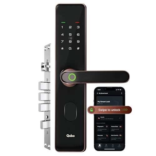 QUBO Smart Door Lock Select from Hero Group (2025 Edition) | 7-Way Unlocking | 5 Bolts | Fingerprint | Remote Unlocking via OTP | PIN | Access Card | Mobile App | 2 Years Brand Warranty | (Copper)|B0DWMZ5F2Y
