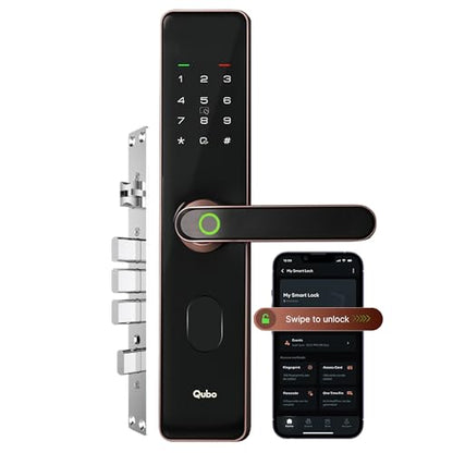 QUBO Smart Door Lock Select from Hero Group (2025 Edition) | 7-Way Unlocking | 5 Bolts | Fingerprint | Remote Unlocking via OTP | PIN | Access Card | Mobile App | 2 Years Brand Warranty | (Copper)|B0DWMZ5F2Y