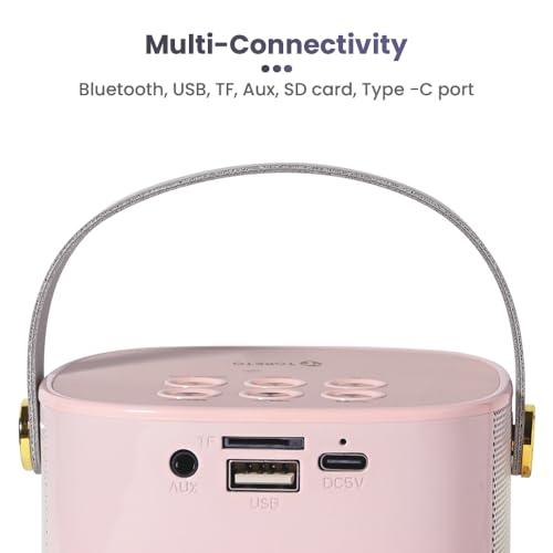 Toreto Jukebox Wireless Bluetooth Speaker 10W with Wireless Karaoke MIc IVoice Changing Feature | Deep Bass I USB I TWS I AUX I Outdoor Speaker with Carrying Strap (Pink) - Nalanda Enterprises