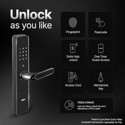 QUBO Smart Door Lock Ultra from Hero Group | 7-Way Unlocking | 5 Bolts | Fingerprint | Remote Unlocking via OTP | PIN | Access Card | Mobile App | Mechanical Key | 3 Years Brand Warranty | (Black)|B0DWMVXVHF