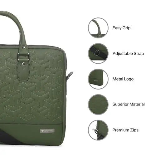 Vaku Luxos® Ramona 15 Inch Laptop Bag Leather Collection Messenger Organizer Shoulder Sling Office Bag for Men & Women With Adjustable Strap for Laptop and MacBook up to 15" (Green) - Nalanda Enterprises