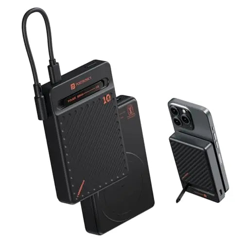 Portronics black wireless power bank with cable, shown charging a smartphone, Nalanda Enterprises corporate gifting