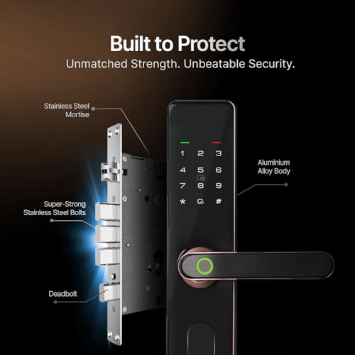 QUBO Smart Door Lock Select from Hero Group (2025 Edition) | 7-Way Unlocking | 5 Bolts | Fingerprint | Remote Unlocking via OTP | PIN | Access Card | Mobile App | 2 Years Brand Warranty | (Copper)|B0DWMZ5F2Y