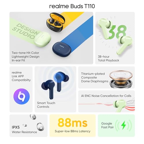 realme Earbuds T110 with Ai Enc for Calls, Upto 38 Hours of Playback and Fast Charging Bluetooth in Ear Headset (Punk Black, True Wireless)|B0D212YMD7