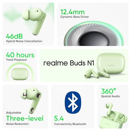 realme Buds T310 True Wireless in-Ear Earbuds with 46dB Hybrid ANC, 360° Spatial Audio, 12.4mm Dynamic Bass Driver, Upto 40Hrs Battery and Fast Charging (Vibrant Black)|B0DBGP48NW