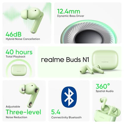 realme Buds T310 True Wireless in-Ear Earbuds with 46dB Hybrid ANC, 360° Spatial Audio, 12.4mm Dynamic Bass Driver, Upto 40Hrs Battery and Fast Charging (Vibrant Black)|B0DBGP48NW
