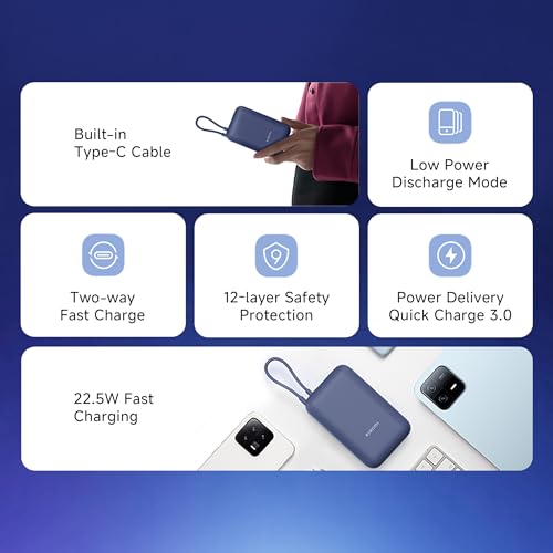 Xiaomi Pocket Power Bank 10000mAh 22.5W with Built-in Cable | Super Fast Charging PD |Smart 12 Layer Protection|Triple Output Ports|Supports Android,Apple, Tablets, Earbuds,Watch(MI Powerbank),Blue|B0D73V6CGC