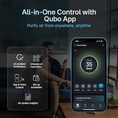 Qubo Smart Air Purifier Q500 for Home by Hero Group | 500 Sqft | 99.99% Allergen Removal |4-Layer True HEPA H13 Filter | 9000 Hrs Filter Life | App & Voice Control | Quiet Night Mode | BLDC Motor|B0CMH9TSVC