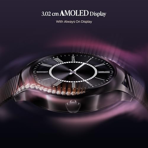 Boat Enigma Gem Women's Luxury Smart Watch w/ 1.19” (3.02cm) AMOLED Display, Emergency SOS Live Location Sharing, Female Wellness, Watch Face Studio, BT Calling, Watch for Woman (Metallic Black)|B0DFYJWHRC