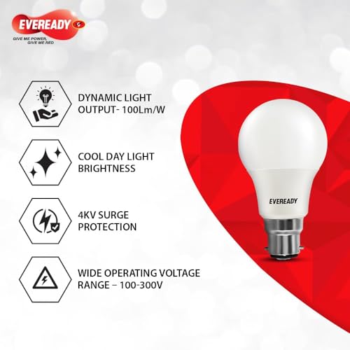 Eveready 18W LED Bulb | 1800 Lumen | 4KV Surge Protection | Long Life & Low Maintenance | BIS Certified | 1 Year Warranty | 100 Lumens Per Watt | Cool Day Light (6500K) | B22 | Pack of 2|B0759SHFNT