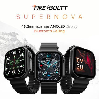 Fire-Boltt Supernova- 45.2mm AMOLED Display, 500 NITS Brightness, 368 * 448 px Resolution, Bluetooth Calling, 123 Sports Modes, Voice Assistant, Inbuilt Games (Black) - Nalanda Enterprises